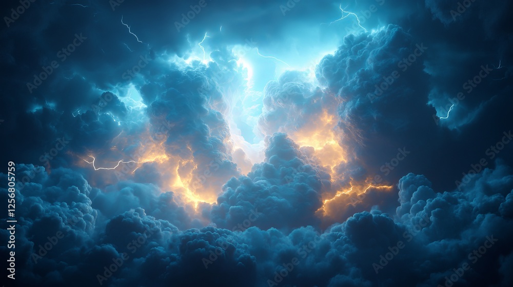 Obraz premium Dramatic Lightning Illuminating Dark Blue Sky Creating a Striking Contrast with Clouds Enhancing the Intensity of a Stormy Atmosphere Evoking Feelings of Power and Nature's Fury