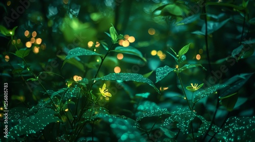 Enchanted Night Garden with Magical Fireflies and Dewy Leaves