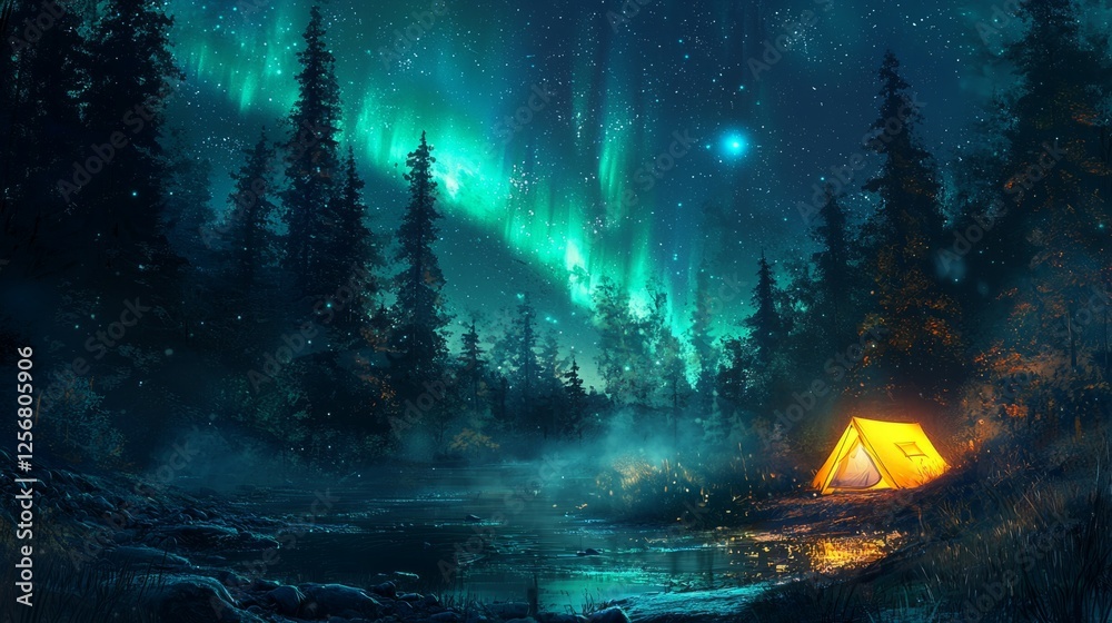 Obraz premium Enchanting Night Sky with Aurora Borealis over Forest Camp Site