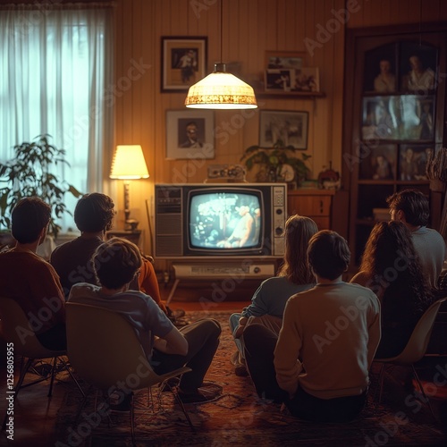 Friends watch TV, 70s home, family gathering, nostalgic evening