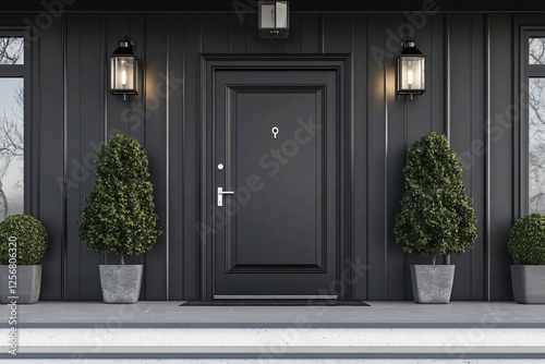 Elegant Modern House Facade with Black Door and Lanterns, Symmetrical Entrance, Minimalist Style, Sophisticated Building Exterior with Black Door and Decorative Lanterns, Contemporary Entryway