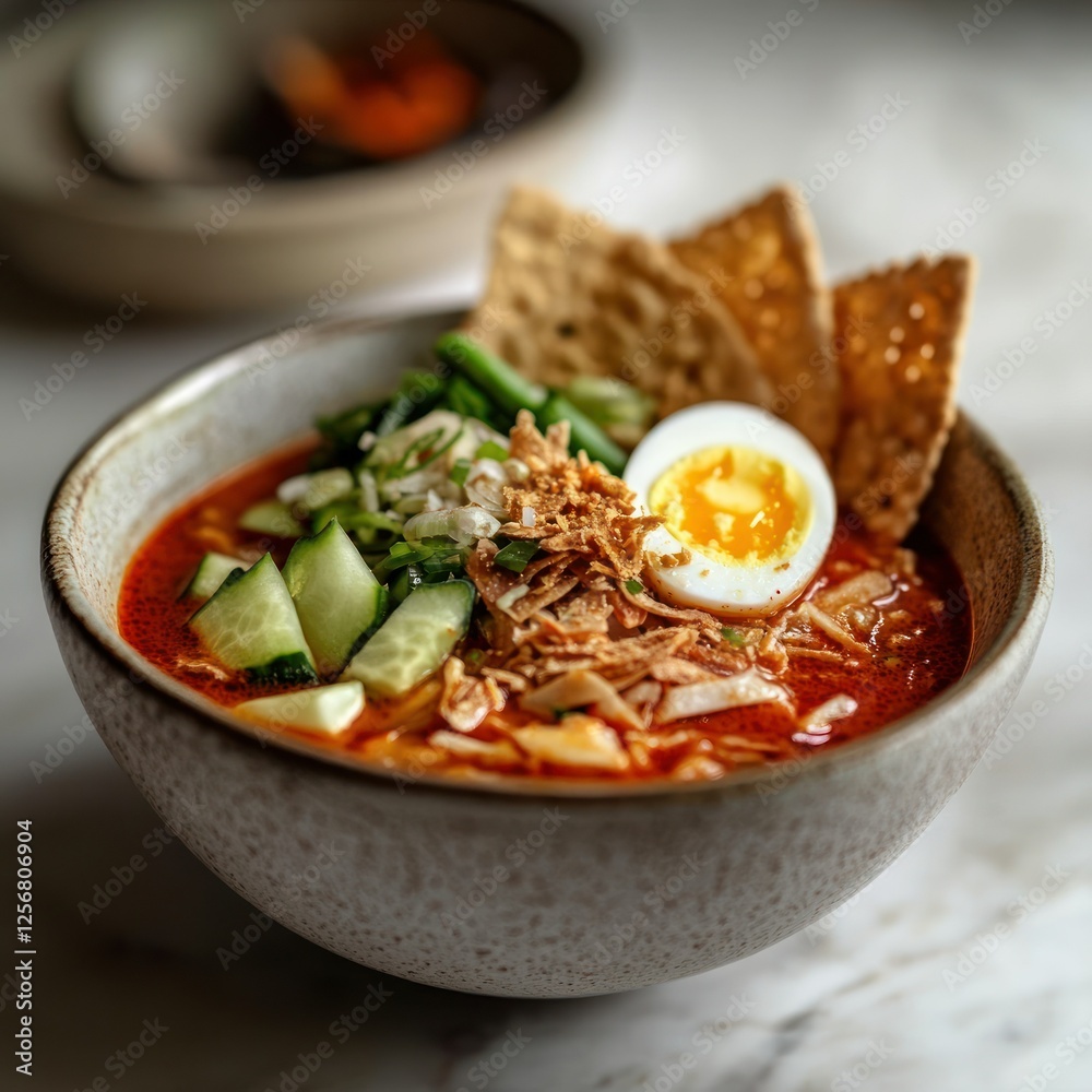Delicious spicy noodle soup bowl with egg, crispy crackers, and vegetables in a restaurant Delicious spicy noodle soup bowl with egg, crispy crackers, and vegetables in a restaurant