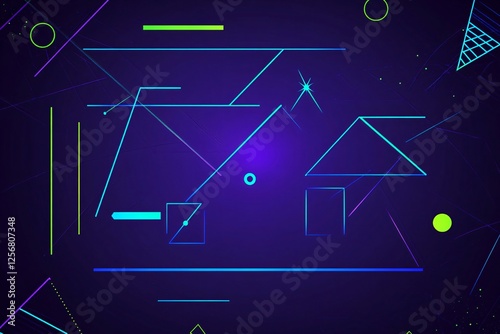Geometric Shapes on Dark Purple Gradient, Synthwave Design, Abstract Art, Retro Aesthetic, Neon Lines, Futuristic Geometry on Violet Backdrop, Modern Graphics, Neon Glow, Composition