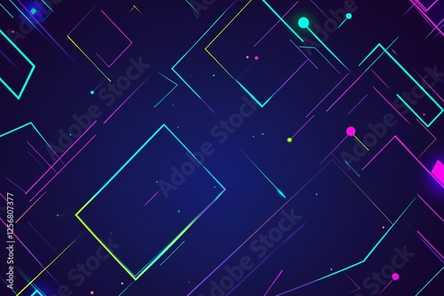 Abstract Neon Geometry on Dark Blue Backdrop, Luminous Geometric Shapes on Deep Indigo Background