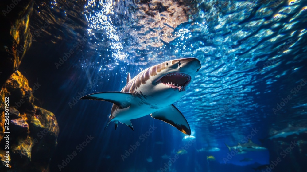 Fototapeta premium Majestic Shark Swimming Gracefully Through Clear Ocean Waters