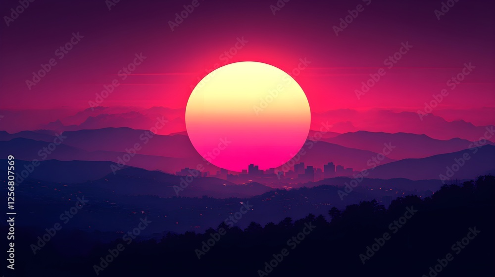 Stunning Gradient Sunset Over Mountain Silhouette with Vibrant Colors Stunning Gradient Sunset Over Mountain Silhouette with Vibrant Colors