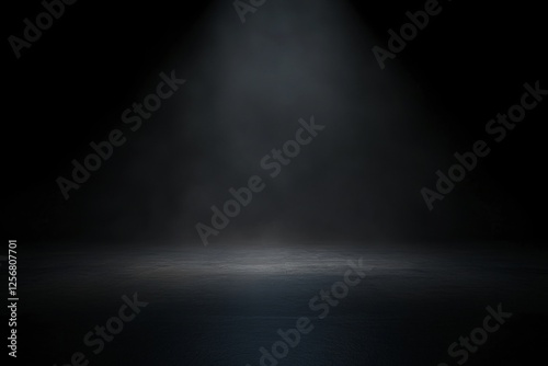Dramatic Spotlight Illuminating Empty Stage in Dark Studio Space, Mysterious Beam of Light Lighting Empty Platform on Black Backdrop
