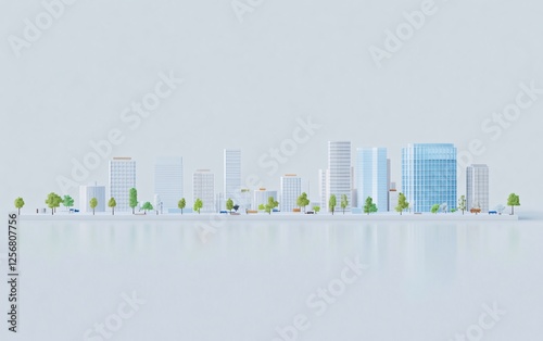 Minimalist Urban Cityscape: Modern Buildings, Green Trees, and Cars on a Bright Day, Simple Metropolitan Townscape: Contemporary Architecture, Greenery, and Vehicles in Sunlight