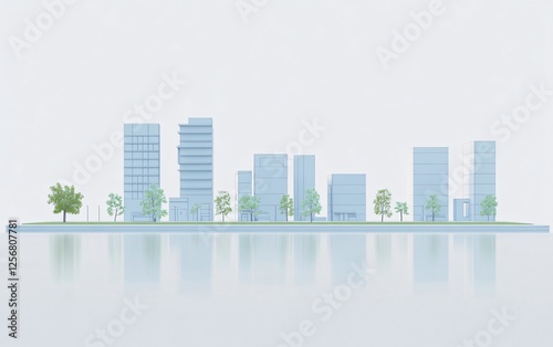 Minimalist Cityscape with Pastel Buildings and Trees Reflecting Calm Urban Scene, Tranquil Townscape of Simple Structures and Green Foliage Reflecting Serene Metropolitan View