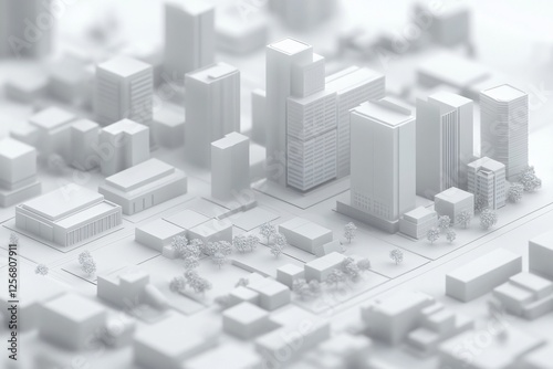 Minimalist White Cityscape: Isometric Urban Architecture and Design, Simple White Townscape: Isometric Metropolitan Buildings and Area View