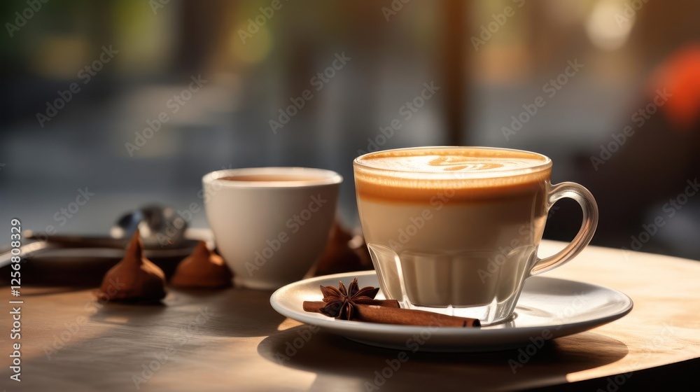 A photograph of two cups of coffee on a wooden table with an out-of-focus background. A photograph of two cups of coffee on a wooden table with an out-of-focus background.