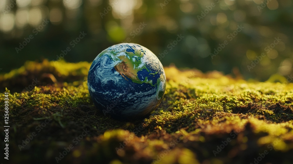 Earth on moss with bokeh background, environmental protection concept Earth on moss with bokeh background, environmental protection concept