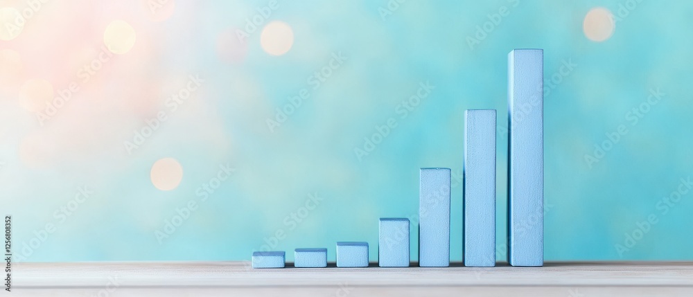 Obraz premium A series of ascending blue bars on a soft gradient background, symbolizing growth or progress in data visualization.