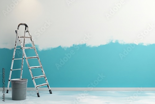 Ladder Leaning Against Half Painted Wall with Paint Bucket, Refreshing Decorating Project, Stepladder Painting Wall, House Renovation, Teal Interior, Home Improvement