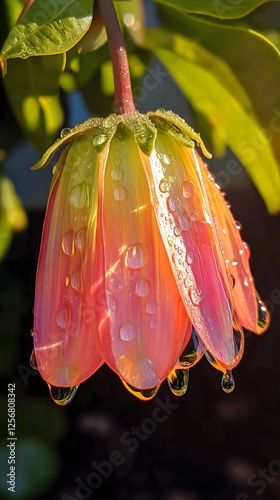 Macro illustration of a vibrant pink and orange tropical flower covered in fresh dewdrops with exotic fruits, shining under the soft sunlight and highlighting its delicate petals and natural beauty.