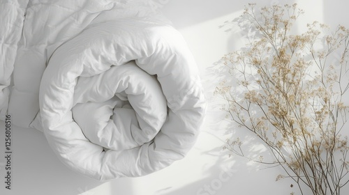 Fluffy white duvet rolled neatly. Ideal for showcasing bedding, comfort, and sleep.