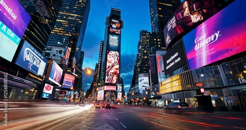 A bustling evening in Times Square, adorned with vibrant billboards glowing against the twilight sky, capturing the essence of New York City's lively urban atmosphere.