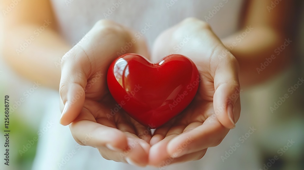 Hands holding a red heart, symbol of love, care and compassion Hands holding a red heart, symbol of love, care and compassion