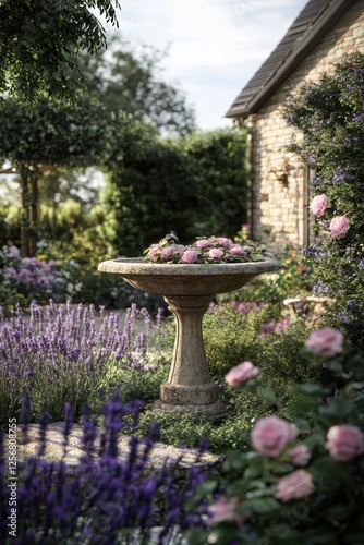 Wallpaper Mural English cottage garden with a weathered stone birdbath, blooming roses, and fragrant lavender creating a peaceful atmosphere. Torontodigital.ca