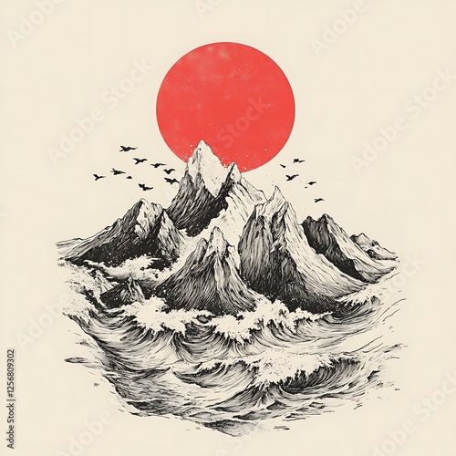 Ink drawing, mountains, waves, red sun, serene landscape, print photo