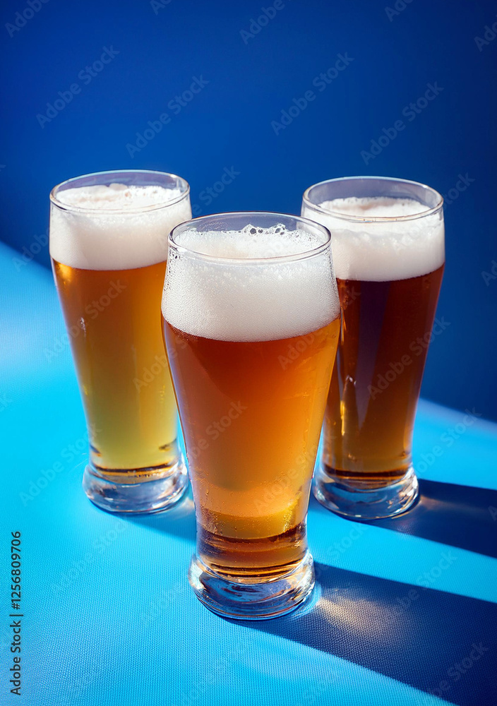 A refreshing beer against a blue backdrop, emphasizing its golden color and frothy head. A refreshing beer against a blue backdrop, emphasizing its golden color and frothy head.