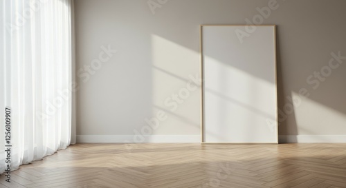 Minimalist interior, empty white frame, wooden floor, soft sunlight, sheer curtains, shadow play, clean aesthetic, bright room, contemporary design, simplicity, zen space, natural lighting, empty canv photo