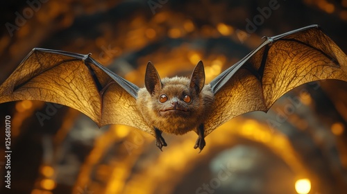 A close-up view of a bat in mid-flight, showcasing its detailed wings and expressive eyes in a dimly lit cave
