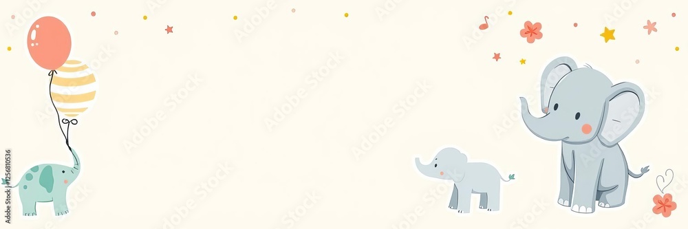 Obraz premium Cute elephant themed vector illustration set for baby shower celebration, stickers, invitation, t shirt print, fashion design, kids wear in cartoon hand drawn style, invitation, kids wear, cartoon
