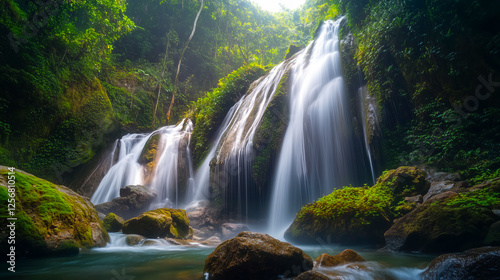 Lush green jungle embraces a stunning waterfall cascading over mossy rocks. A tropical paradise of serene beauty and flowing water.