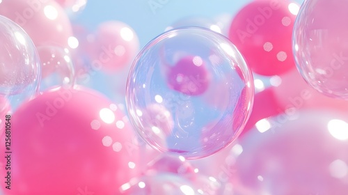 Airy and Glowing Bubbles on Light Blue Background in Photorealistic Detail