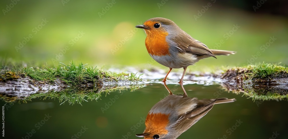 European Robin Reflection in a Tranquil Garden Pool European Robin Reflection in a Tranquil Garden Pool