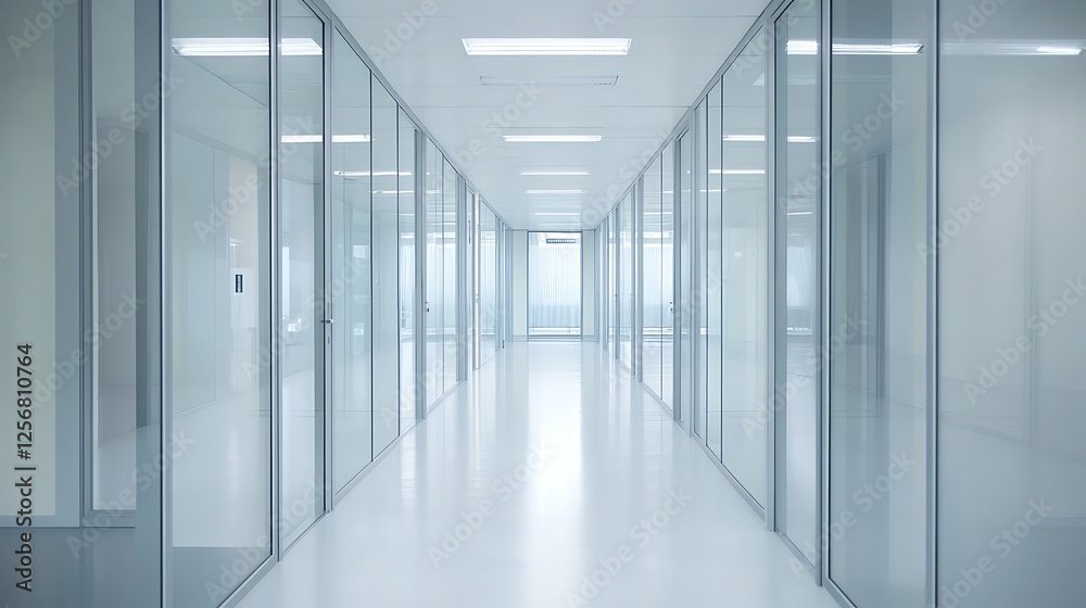 Empty hallway with glass partitions in a modern building. Clean, bright, indoor, and minimalist design Empty hallway with glass partitions in a modern building. Clean, bright, indoor, and minimalist design