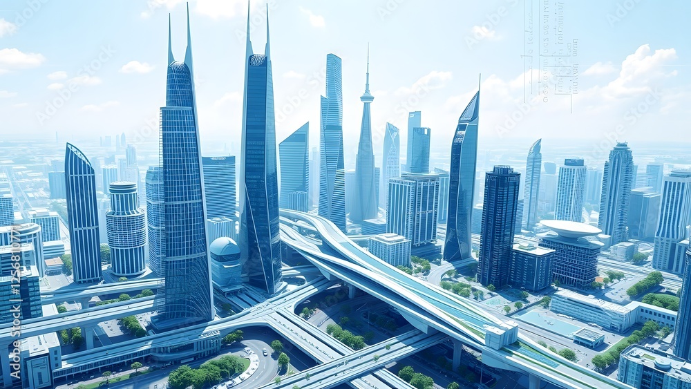 Obraz premium Digital blueprint of futuristic skyline. no text, logo, number, watermark, blurry, defocused