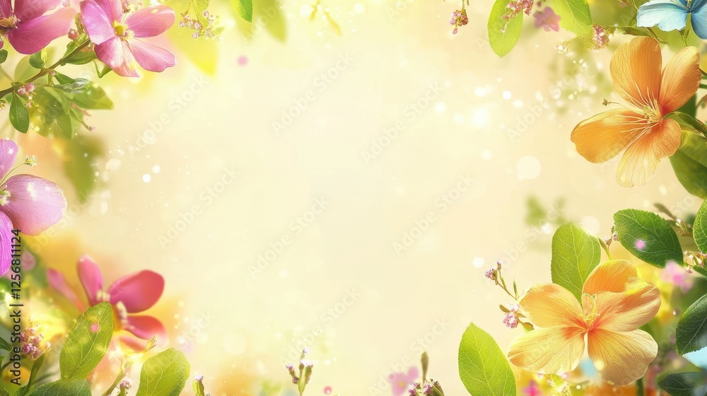 Vibrant spring blossoms frame a soft, light background. Ideal for greeting cards, websites, or spring-themed projects. Vibrant spring blossoms frame a soft, light background. Ideal for greeting cards, websites, or spring-themed projects.