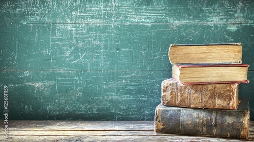 Stacked antique books, wooden surface, chalkboard background, education concept photo