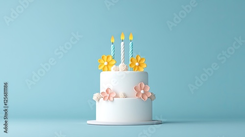 A beautifully decorated two-tier birthday cake with colorful candles and flowers on a light blue background