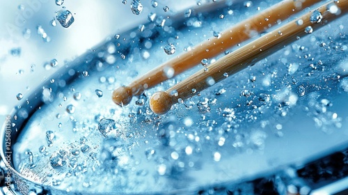 Drumming, water splashes, drum set, music performance background