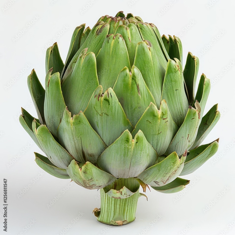 A large green artichoke with many leaves and a prominent stem. A large green artichoke with many leaves and a prominent stem.