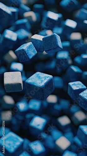 A close-up view of blue sugar cubes floating in mid-air against a blurred background