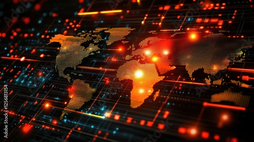 Digital World Map with Glowing Connections and Data Visualization