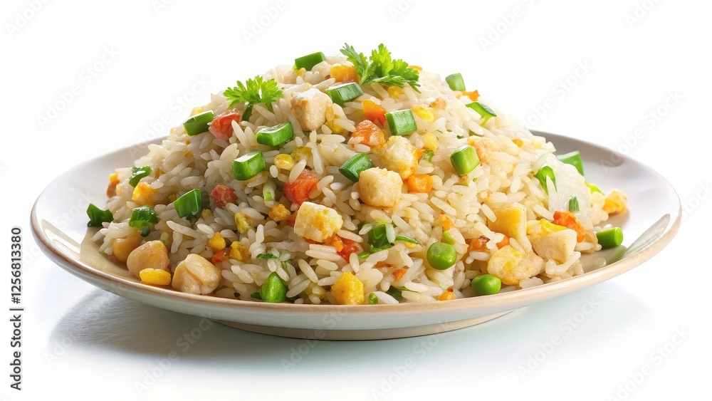 Fried Rice with Vegetables and Chicken on White Background Fried Rice with Vegetables and Chicken on White Background