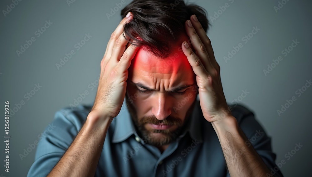 Man with Migraine Holding Head with Both Hands Man with Migraine Holding Head with Both Hands