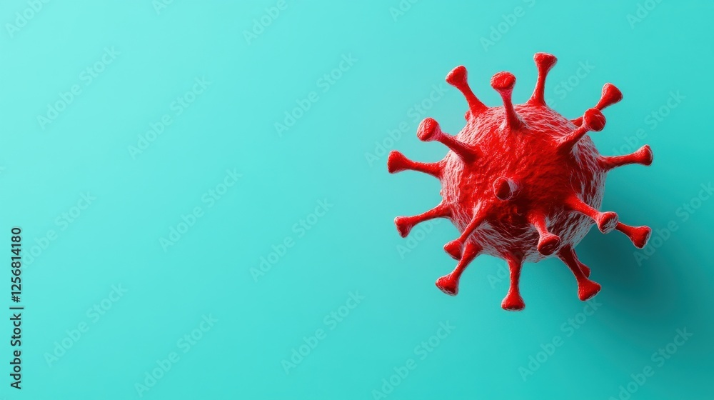 A vibrant, red virus model is displayed against a turquoise background, symbolizing the microscopic agents that cause diseases. A vibrant, red virus model is displayed against a turquoise background, symbolizing the microscopic agents that cause diseases.