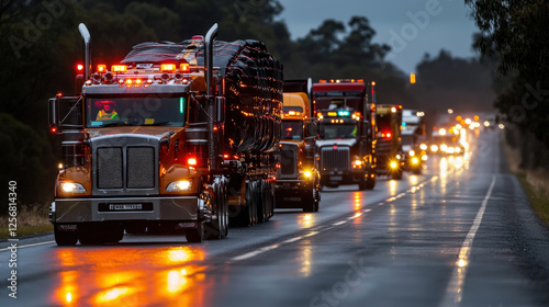 A convoy of trucks carrying oversized loads, escorted by safety vehicles with flashing lights on a rural road