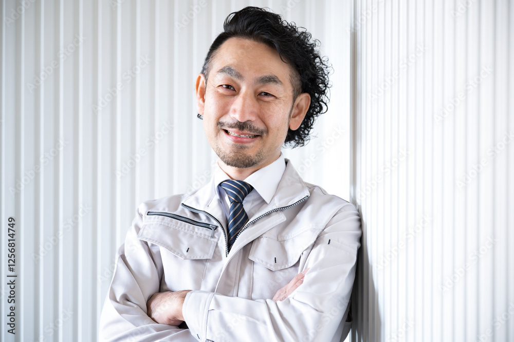 工場の前で作業着姿の髭のカメラ目線の男性