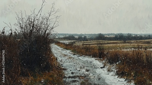 Wallpaper Mural Winter Landscape with a Snowy Pathway through Fields and Bare Trees under Overcast Sky Torontodigital.ca