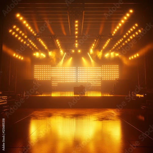 Empty stage, illuminated, concert hall, golden light show photo