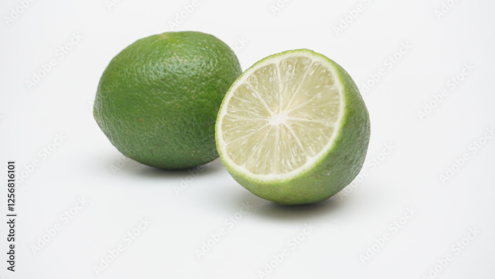 Half of Fresh Green Lime with Selective Focus Isolated on White Background Half of Fresh Green Lime with Selective Focus Isolated on White Background