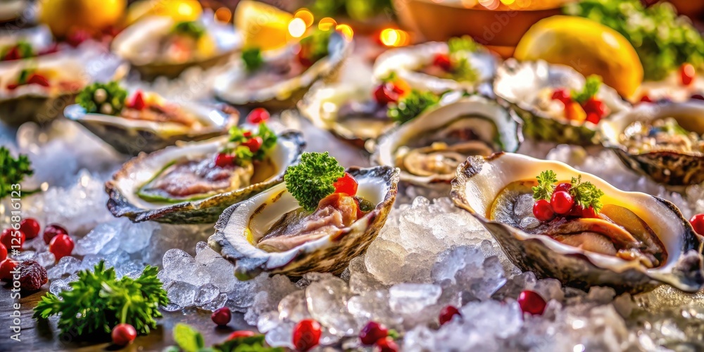 Fresh Opened Oysters on Crushed Ice - Luxurious Seafood Buffet Display with Tilt-Shift Photography for Culinary and Event Inspiration