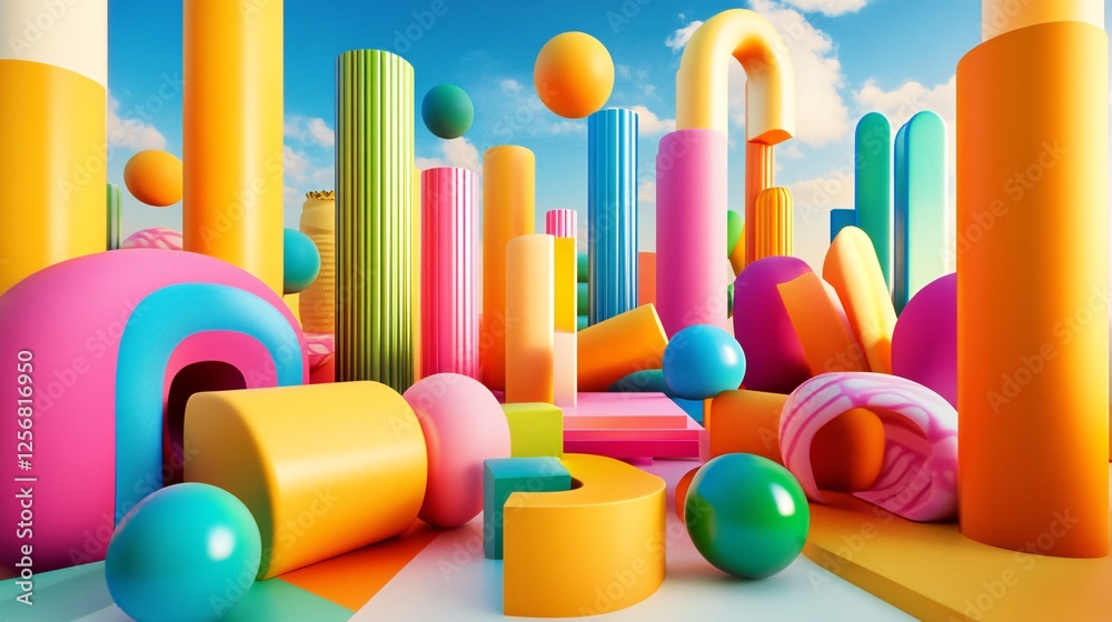 Obraz premium Colorful abstract geometric shapes forming a colorful cityscape under a blue sky with clouds, 3d rendering